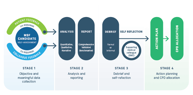 A detailed diagram of the CFEP Surveys multi-source feedback process where stage 1 includes patient feedback, colleague feedback and self-assessment. Stage 2 includes analysis and reporting. Stage 3 is a debrief and self-reflection. Stage 4 is an action plan and CPD allocation.