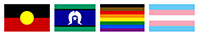 four flags from left to right representing: Aboriginal flag, Torres Strait Islands flag, LGBTIQ+ flag, and Transgender flag